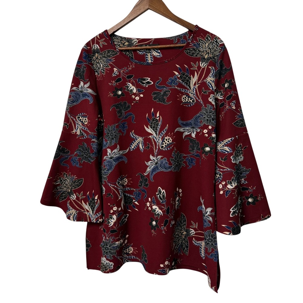 Calessa Tunic Top Womens L Burgundy Floral Bell Sleeve Stretch Boho Cottagecore